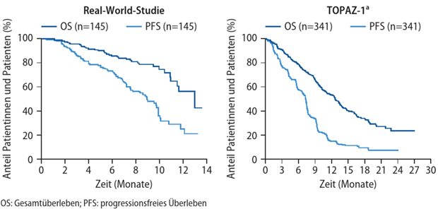 Goldstandard Durvalumab + Gem-Cis im Versorgungsalltag bestätigt Abb. 1: Zulassungsstudie TOPAZ-1 und aktuelle Real-World-Daten: Gesamtüberleben (OS) und progressionsfreies Überleben (PFS) unter Durvalumab + Gem-Cis