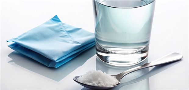 Orales Präparat zur Darmspülung gelöst in einem Glas Wasser. Die Verpackung des Präparats und ein Löffel liegen neben dem Glas.