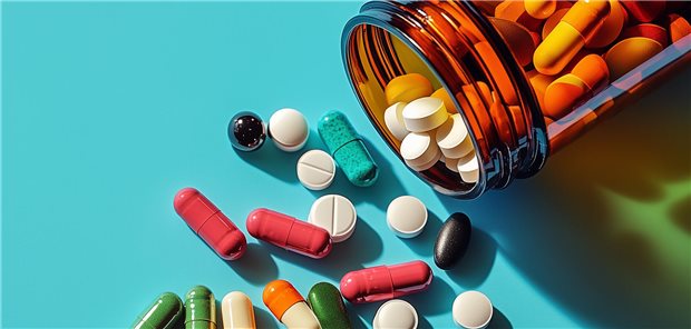 Viele bunte Tabletten liegen auf einem Tisch.