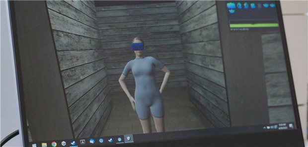 Normalgewichtiger weiblicher Avatar in einer Kabine stehend. 