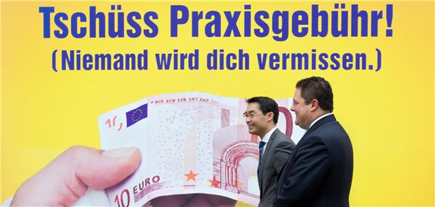 Damals war das Ende der Praxisgebühr ein Wahlkampfthema: FDP-Vorsitzender Philipp Rösler (l.) und sein Generalsekretär Patrick Döring vor einem Plakat der FDP Niedersachsen im November 2012.