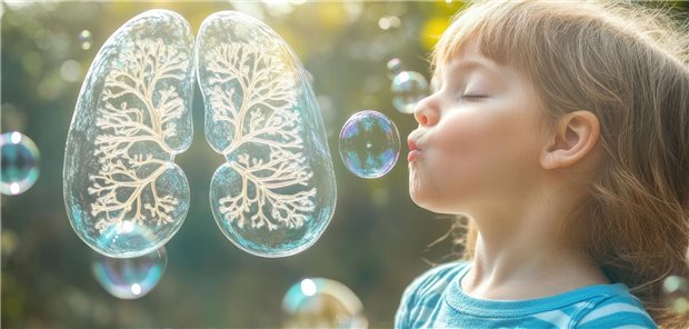 Ein Kind pustet eine Seifenblase, während das Modell einer Lunge neben ihr steht.