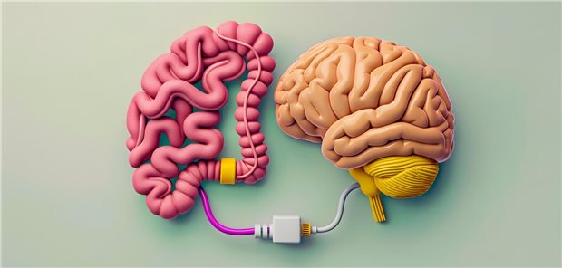 Kopf ist mit Darm über ein Kabel verbunden