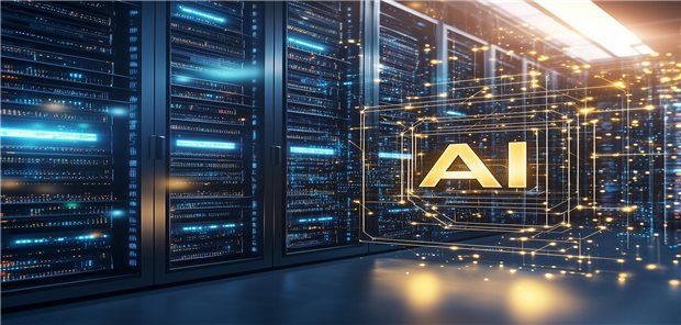 Das Wort „AI“, kurz für „Artifial Intelligence“, schwebt in einem Datenzentrum.