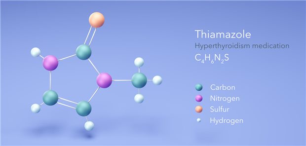 Morbus Basedow: Thyreostatika vor dem Absetzen möglichst niedrig dosieren Dreidimensionales Modell der Molekülstruktur von Thiamazol einem Medikament gegen Hyperthyreose.