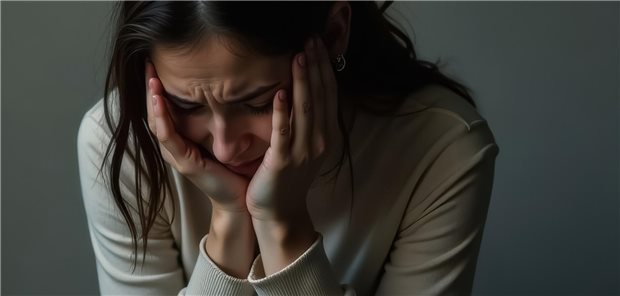 Eine Frau hält ihren gesenkten Kopf in beiden Händen.