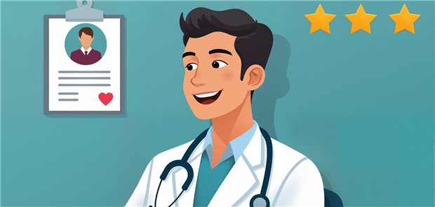 Arzt mit Sternen im Hintergrund und seinem Lebenslauf