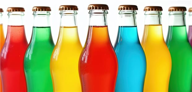 Mehrere Flaschen mit bunten Inhalten stehen nebeneinander.