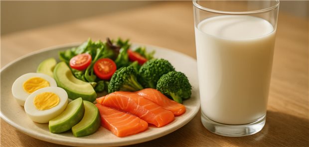 Jodversorgung von Kindern und Jugendlichen in Deutschland: Wer braucht wie viel? Auf einem teller liegen Eier, Avocados, Brokkoli und Lachs, daneben steht ein Glas Milch.