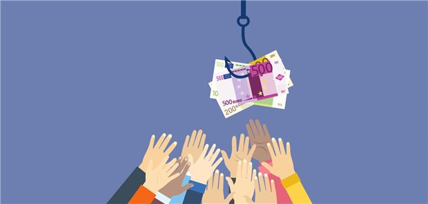 Personen greifen nach einer Angel mit Geldscheinen.