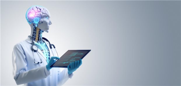 KI-Assistent mit Kittel und Stethoskop