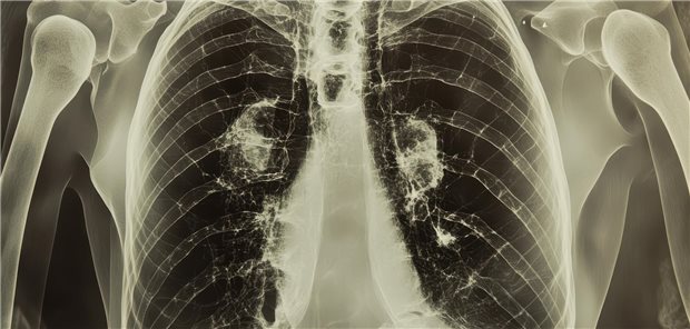 US-Studie: Kleine Lungenrundherde bei Männern mit Seminomen sind zwar häufig, meist aber harmlos Röntgenaufnahme des Brustkorbs mit Läsionen in der Lunge.