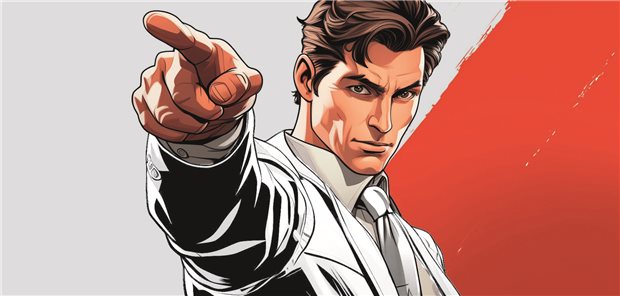 Ein Arzt als Comicfigur zeigt mit der rechten Hand den Weg hinaus.