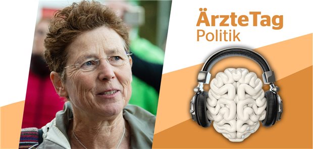 Was hat sich seit Veröffentlichung der Abruptio-Leitlinie getan, Frau Hänel? Porträt von Kristina Hänel, daneben das ÄrzteTag-Logo