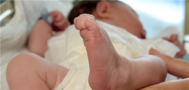 Immer weniger Kreißsäle in NRW – Hebammen alarmiert Neu geboren: Eine Hebamme hält ein Füßchen eines erst wenige Stunden alten Säuglings in ihren Händen. (Archivbild)