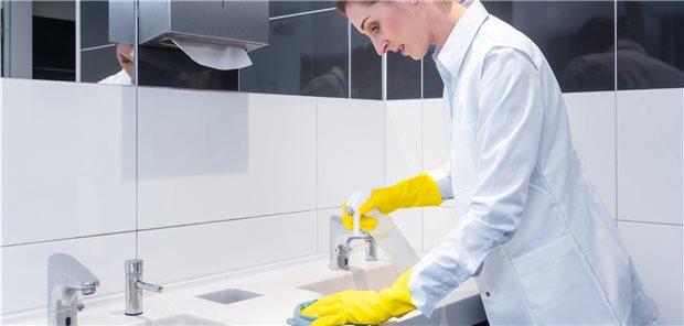 Umgang mit Putzmitteln geht mit Asthmarisiko beim Kind einher Eine Frau putzt beruflich; Welchen Einfluss das auf das Kind haben könnte – sollte sie schwanger werden – hat nun ein Forscherteam untersucht. (Symbolbild mit Fotomodell)