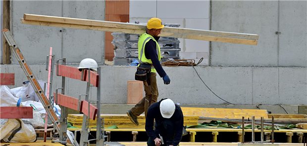 Bauarbeiter trägt ein langes Holzbrett.
