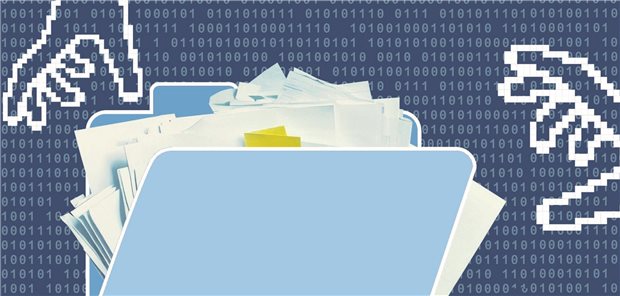 Zwei digitale Hände greifen nach einem vollen virtuellen Ordner.