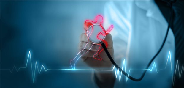 Der Umriss eines rennenden Menschn ist zu sehen. Dahinter erkennt man eine Hand mit Stethoskop.