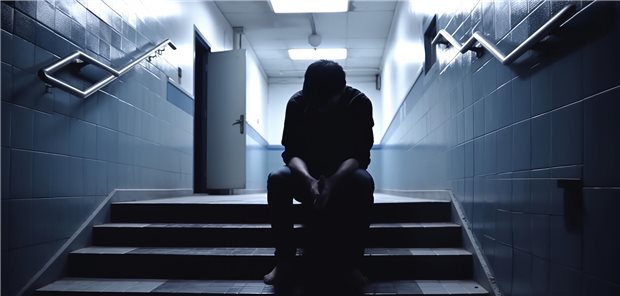 Mann sitzt im Dunkeln auf einer Treppe.