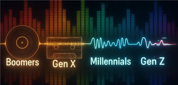 Symbole der Generationen Babyboomer, X, Y und Z