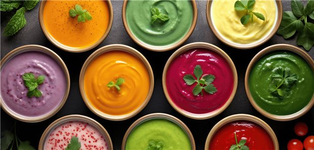 Vielfalt von Suppen und Protein-Shakes von oben fotografiert